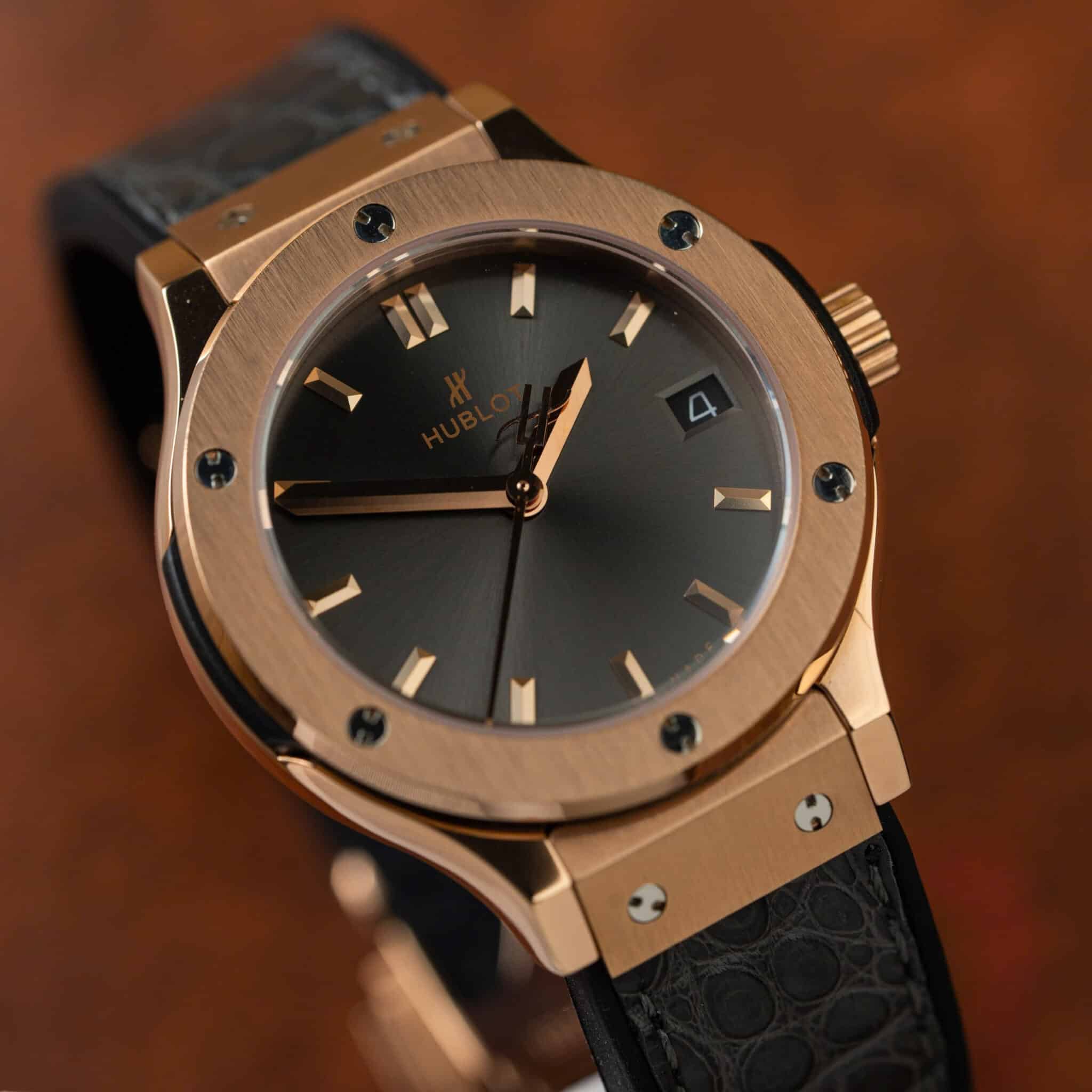 Hublot Classic Fusion King Gold Grey Dial Leather Strap Lady Watch Replica 33mm - Image 2