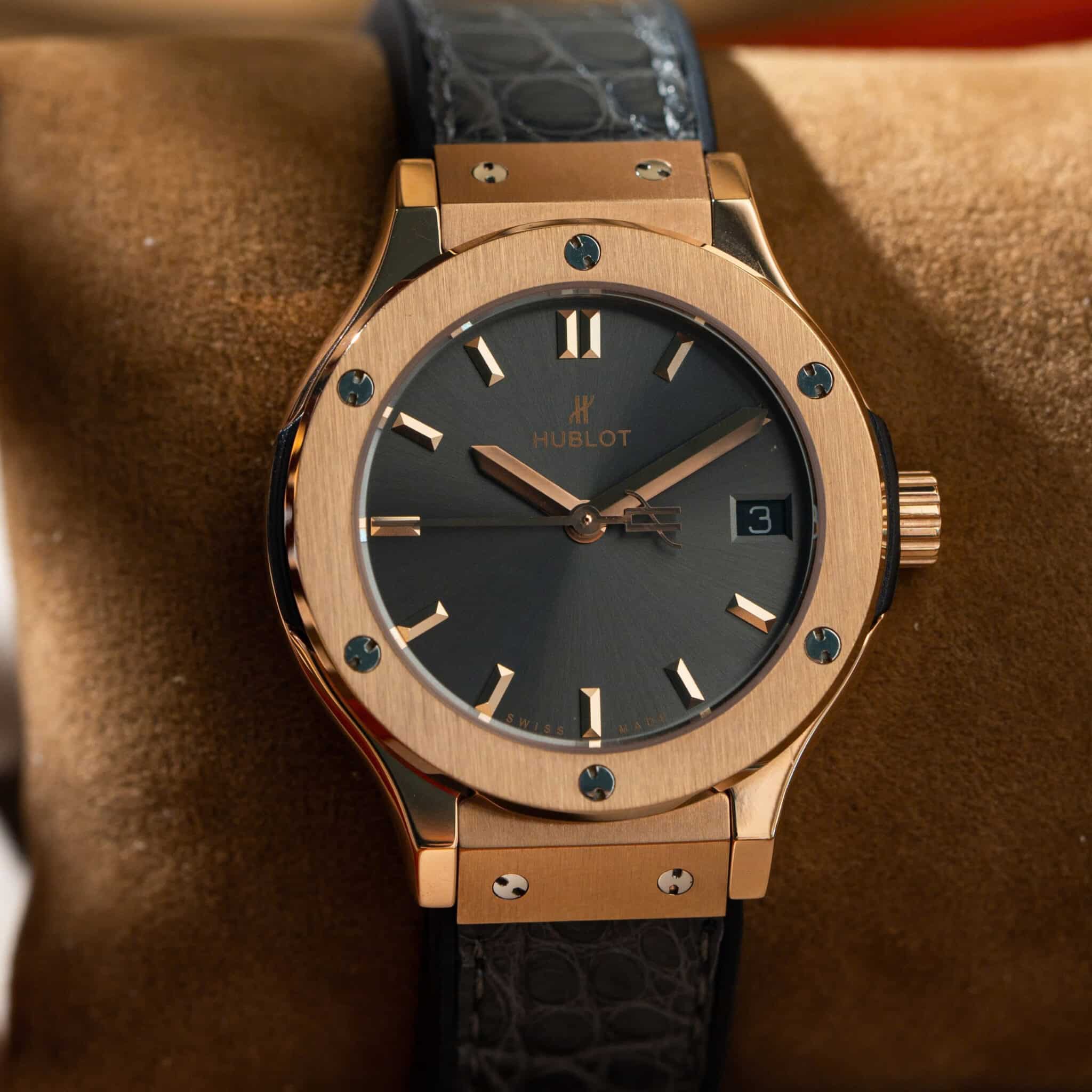 Hublot Classic Fusion King Gold Grey Dial Leather Strap Lady Watch Replica 33mm - Image 4