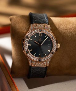 Hublot Classic Fusion King Gold Pavé CZ Stones Grey Dial Leather Strap Lady Watch Replica 33mm