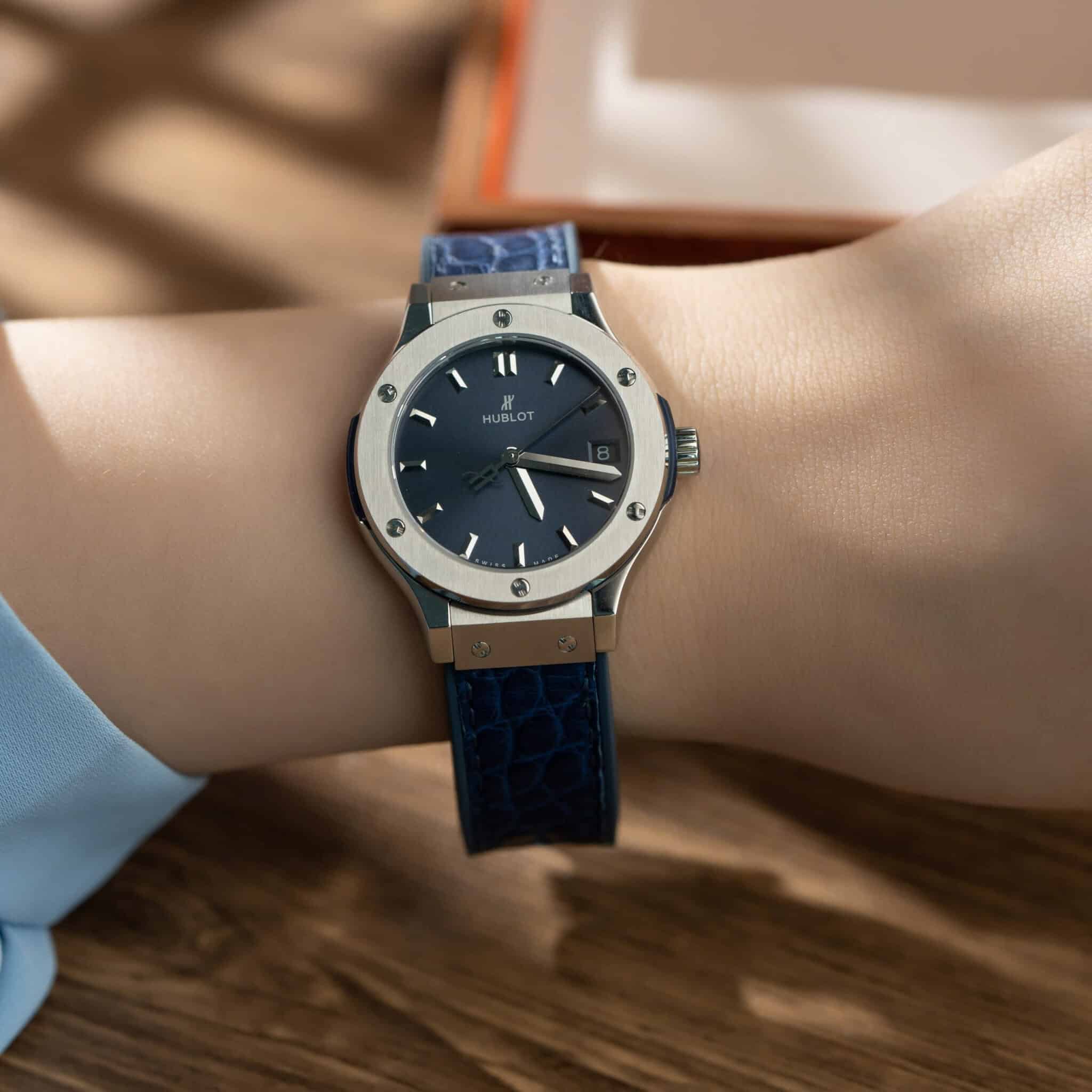 Hublot Classic Fusion Titanium Navy Blue Dial Leather Lady Watch Replica 33mm - Image 9