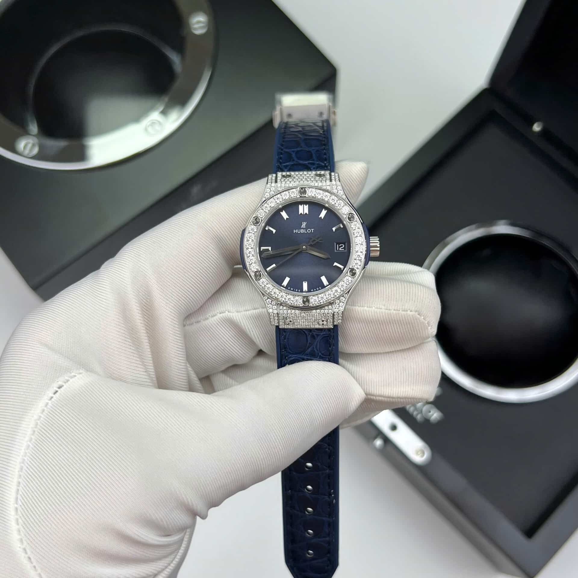 Hublot Classic Fusion Titanium Pavé Blue Dial Leather Custom Moissanite 33mm - Image 2