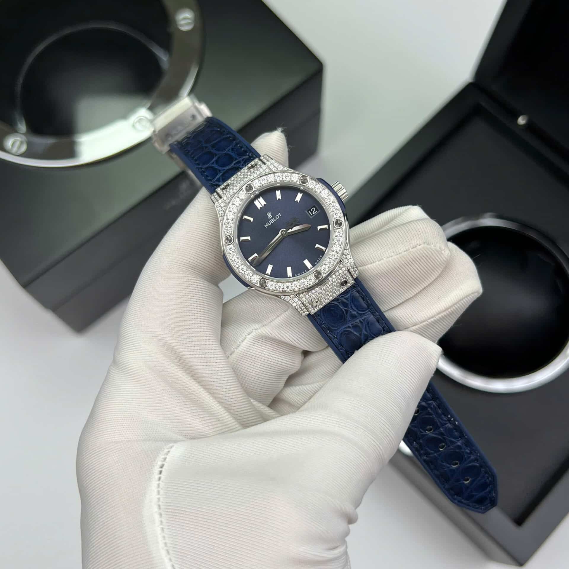 Hublot Classic Fusion Titanium Pavé Blue Dial Leather Custom Moissanite 33mm - Image 5