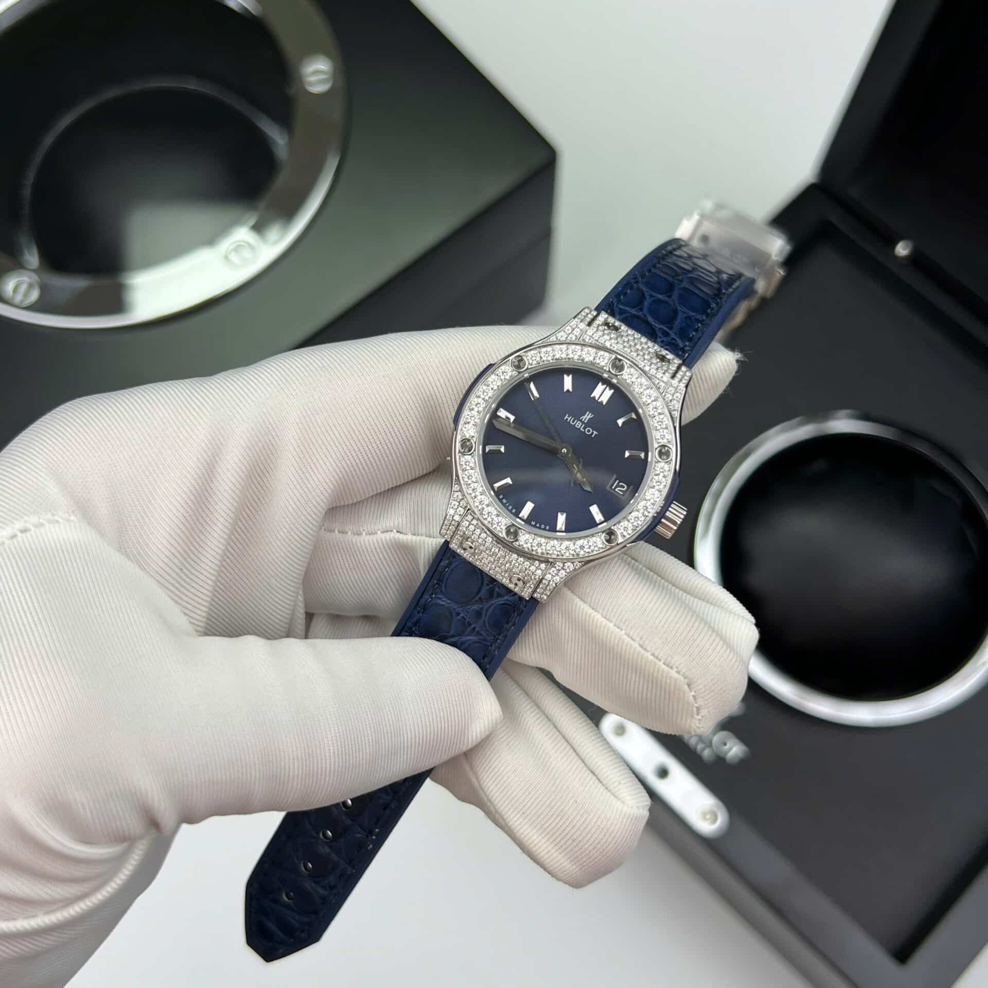 Hublot Classic Fusion Titanium Pavé Blue Dial Leather Custom Moissanite 33mm - Image 6