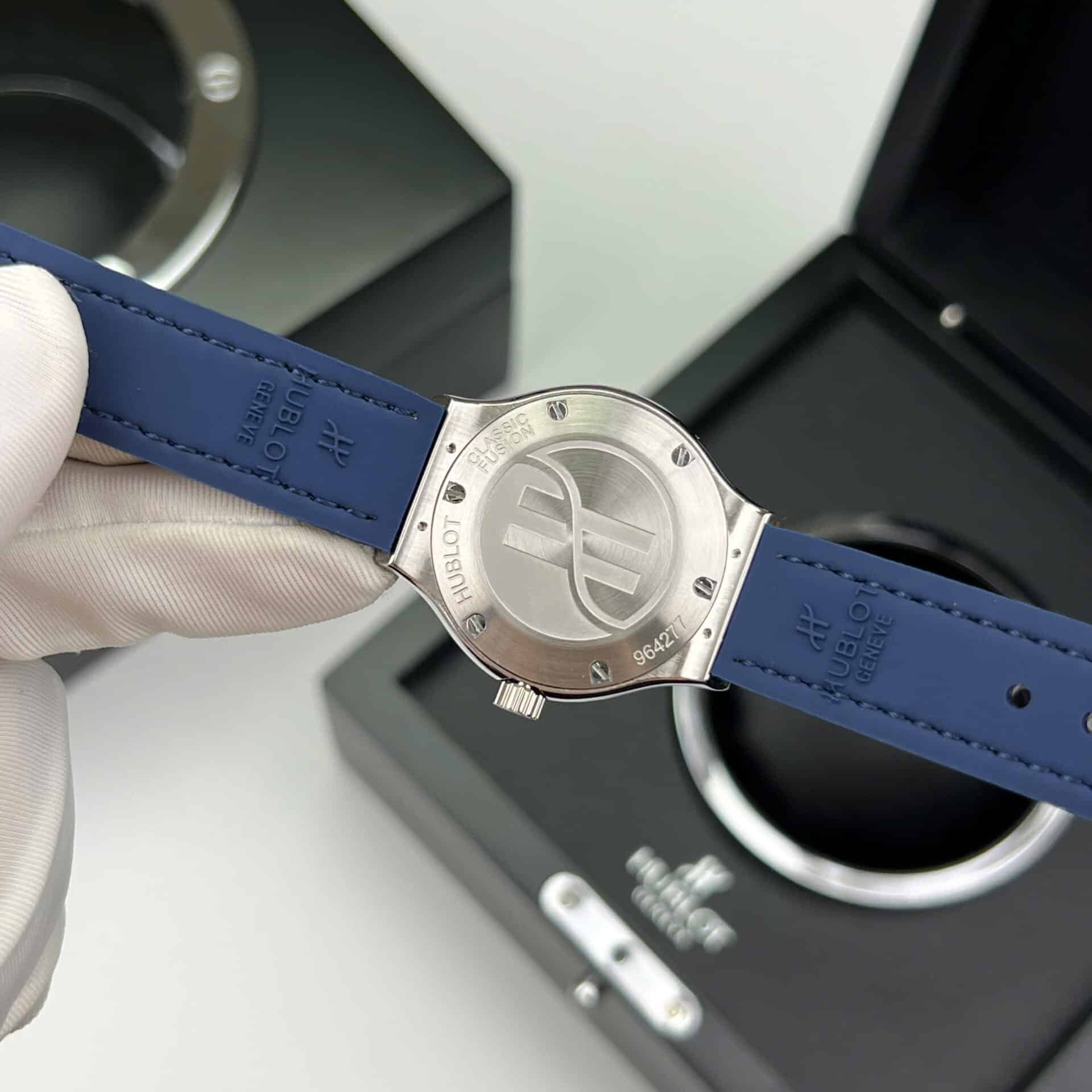 Hublot Classic Fusion Titanium Pavé Blue Dial Leather Custom Moissanite 33mm - Image 7