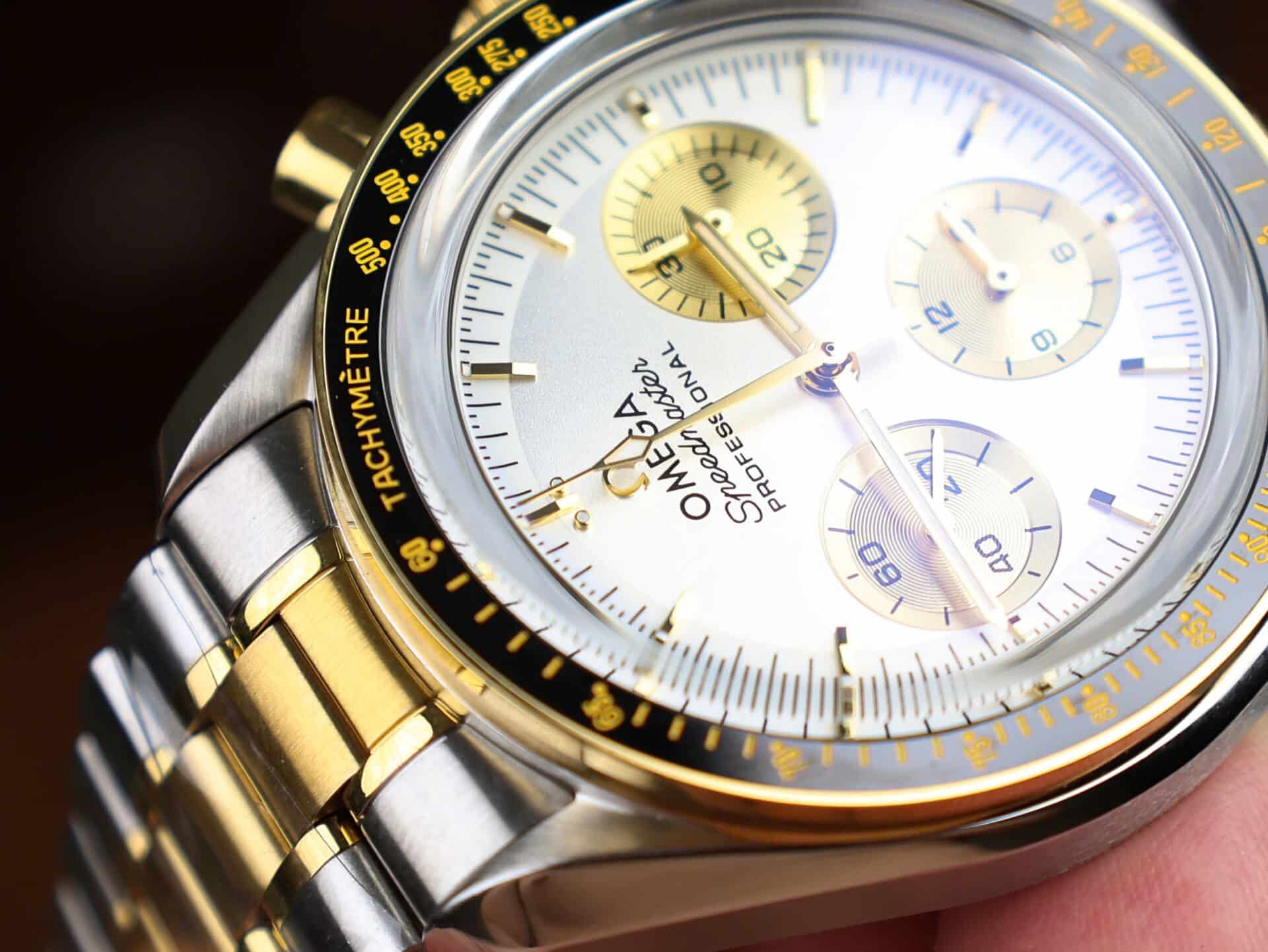 Omega Speedmaster Moonwatch Chronograph Two Tone Yellow Gold White Dial Swiss Replica 42mm - Image 6