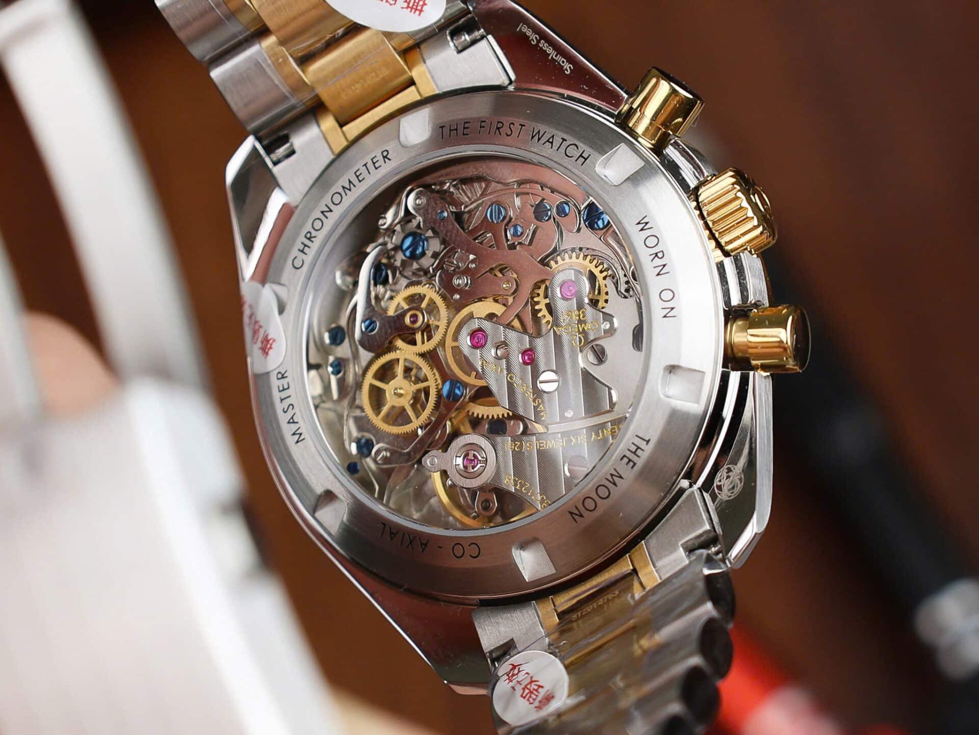 Omega Speedmaster Moonwatch Chronograph Two Tone Yellow Gold White Dial Swiss Replica 42mm - Image 8