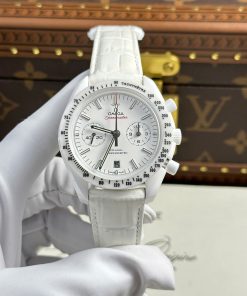 Omega Speedmaster White Side Of The Moon White Ceramic Leather Strap Replica 44mm