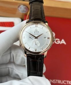 Omega De Ville Prestige Power Reserve Rose Gold Silver Dial Leather Strap Best Replica 39.5mm