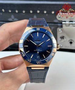 Omega Constellation Rose Gold Blue Dial Blue Ceramic Bezel Leather Strap Best Replica VSF 41mm