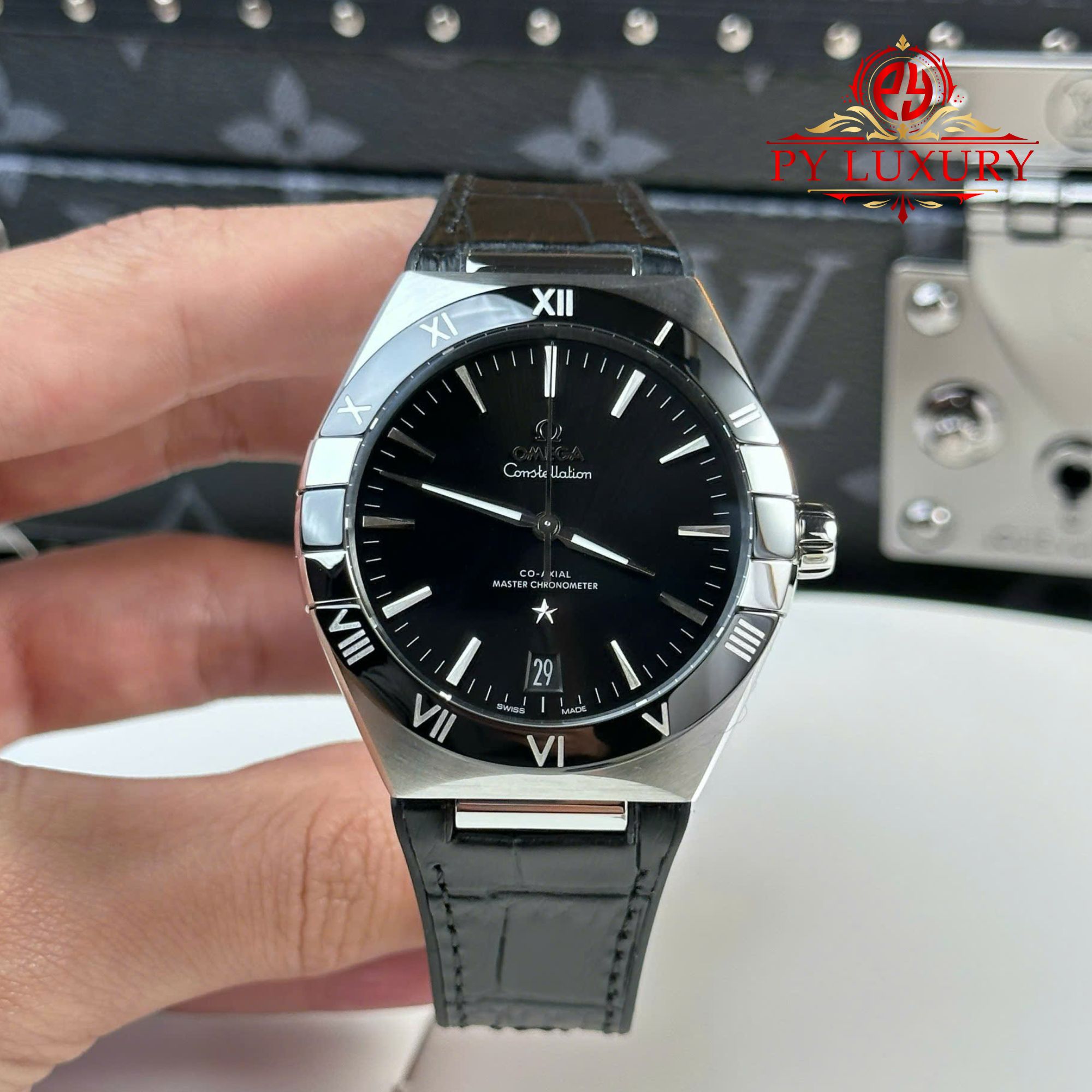 Omega Constellation Black Dial Black Ceramic Bezel Leather Strap Best Replica VSF 41mm
