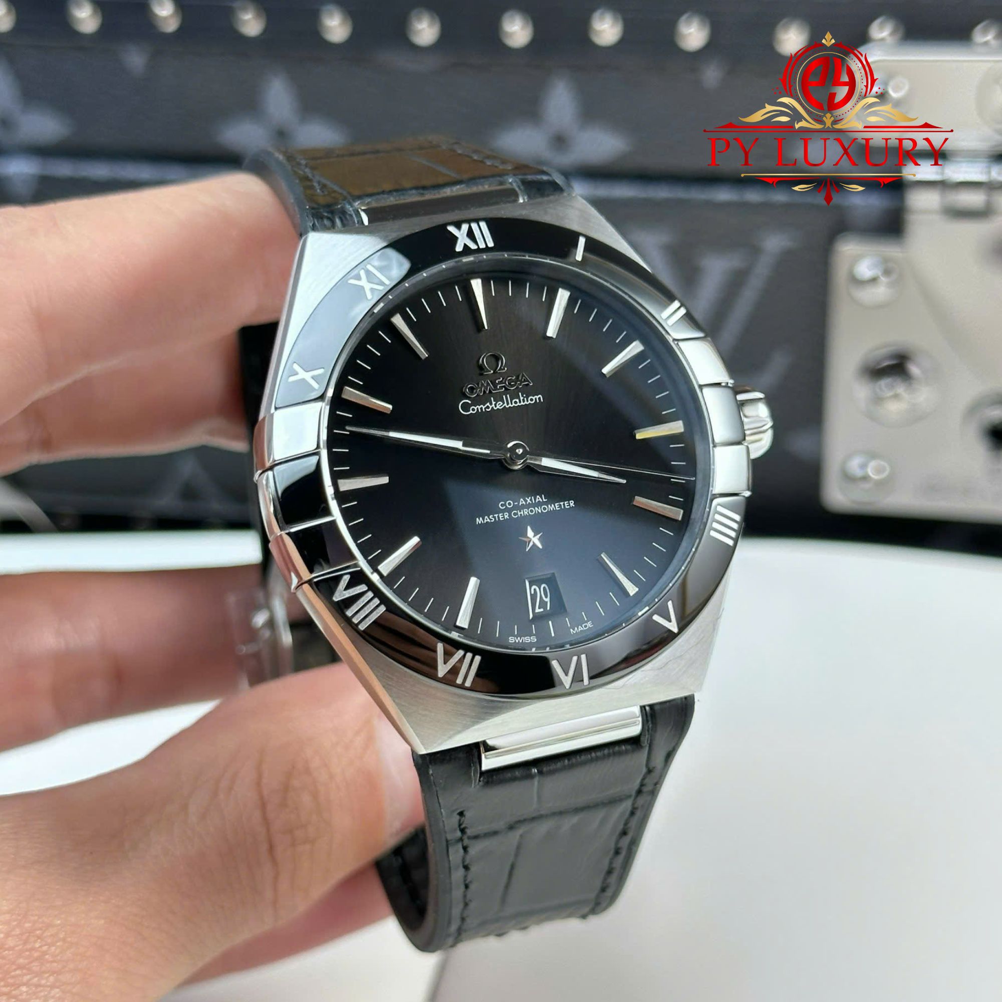 Omega Constellation Black Dial Black Ceramic Bezel Leather Strap Best Replica VSF 41mm - Image 3