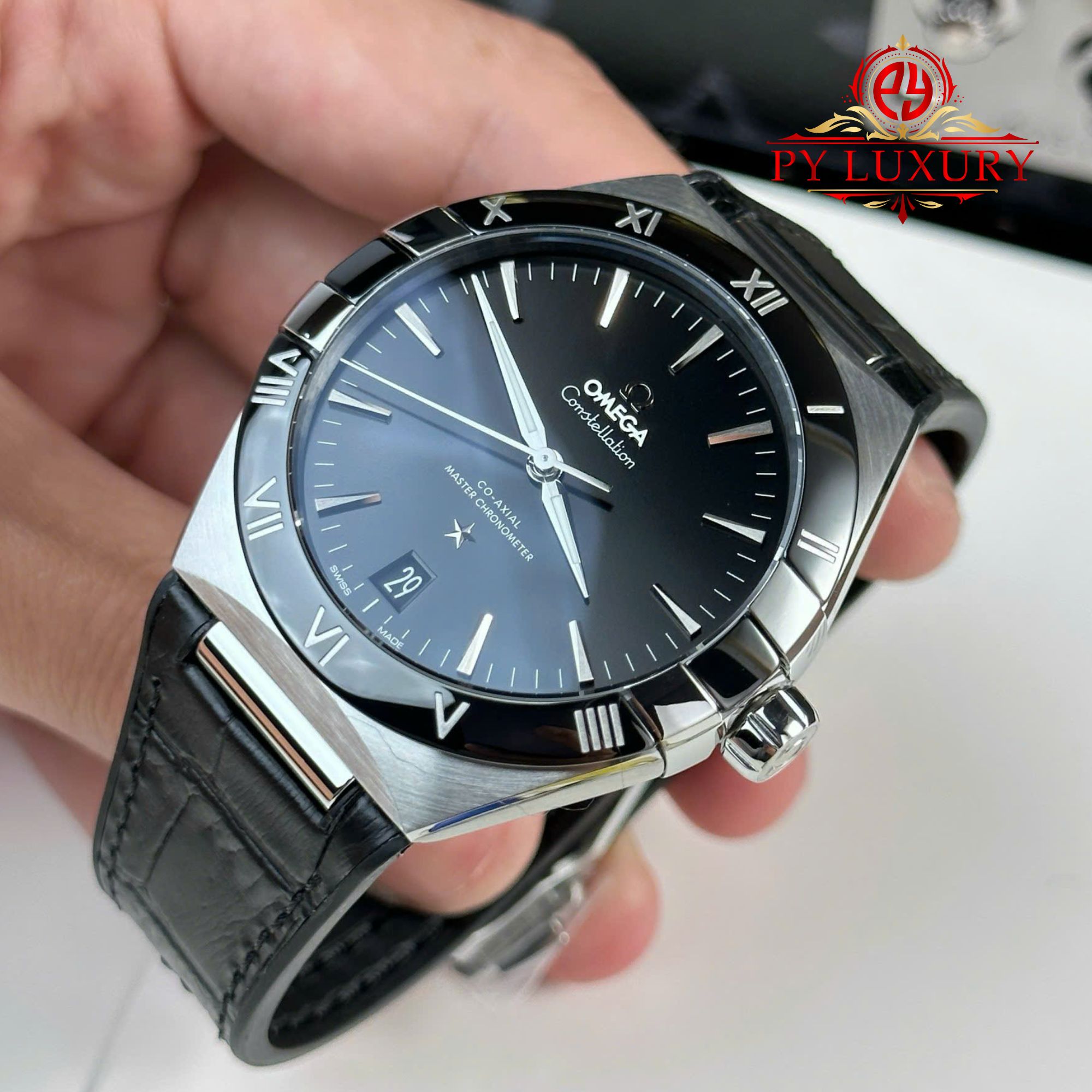 Omega Constellation Black Dial Black Ceramic Bezel Leather Strap Best Replica VSF 41mm - Image 4