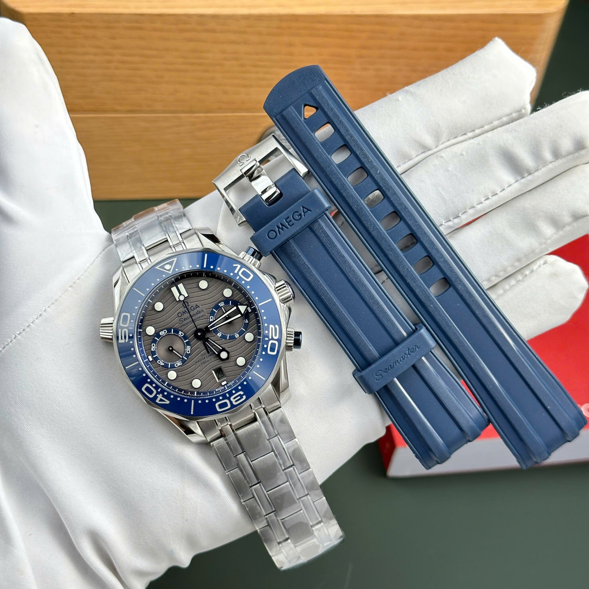 Omega Seamaster Diver 300M Chronograph Grey Dial Blue Ceramic Bezel Best Copy N1 Factory 44mm