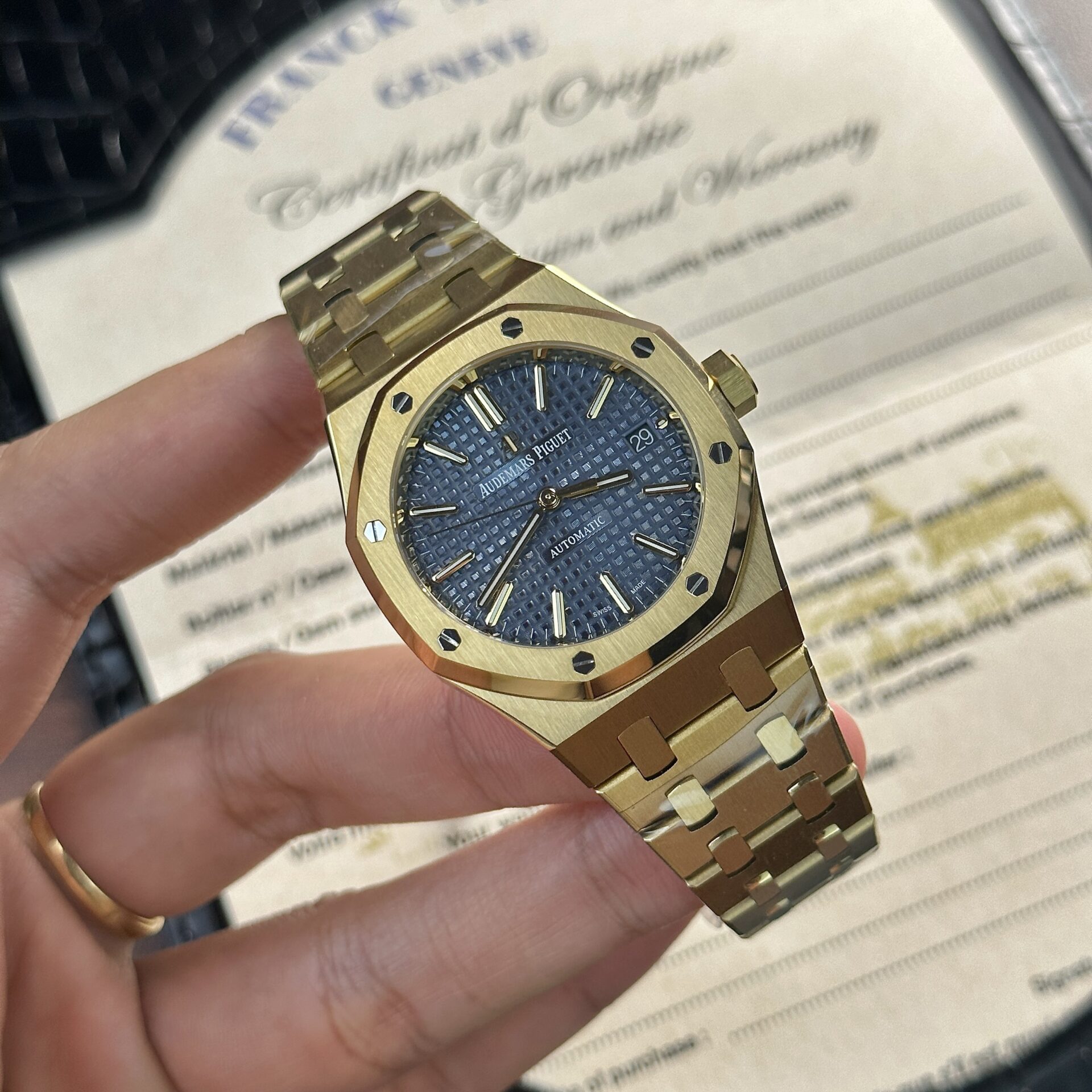 Audemars Piguet Royal Oak 15450BA Yellow Gold Blue Dial Replica IP Factory 37mm - Image 3