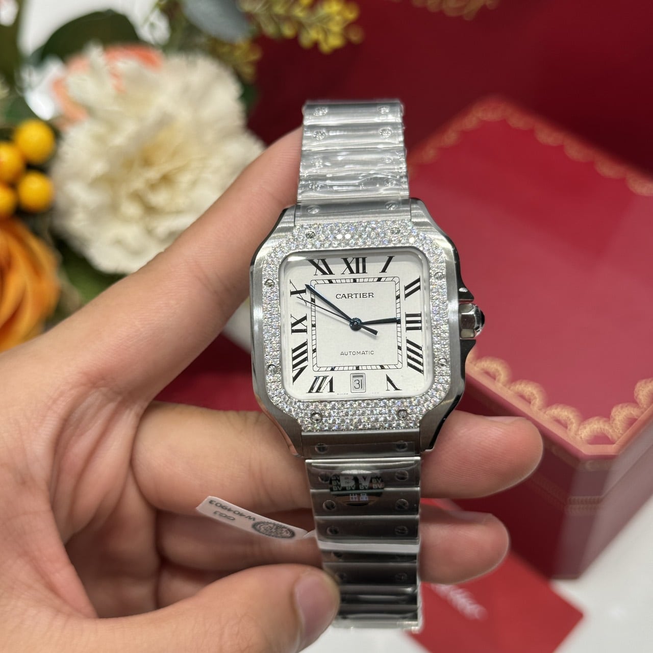 Cartier Santos Large Model White Dial Custom Moissanite Bezel Best Replica BVF 39.8mm - Image 2