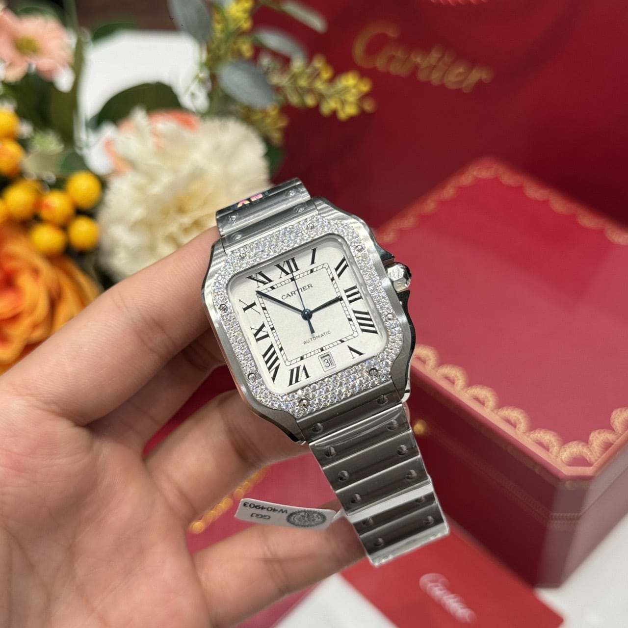 Cartier Santos Large Model White Dial Custom Moissanite Bezel Best Replica BVF 39.8mm - Image 3
