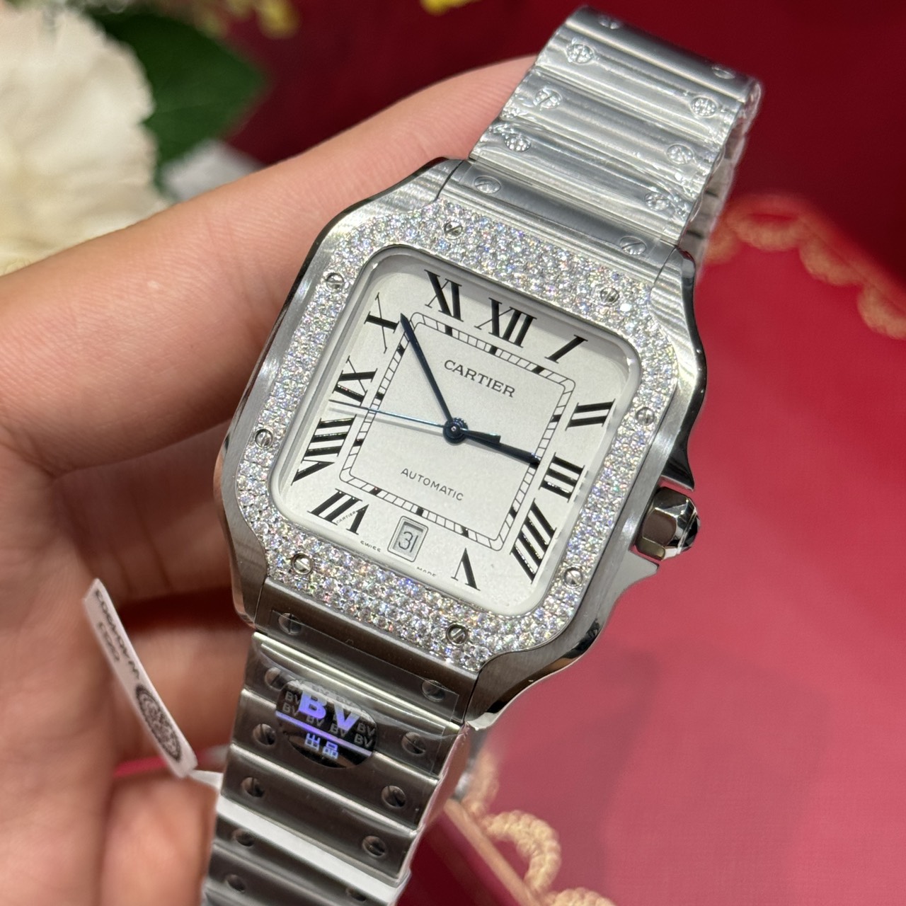 Cartier Santos Large Model White Dial Custom Moissanite Bezel Best Replica BVF 39.8mm - Image 4