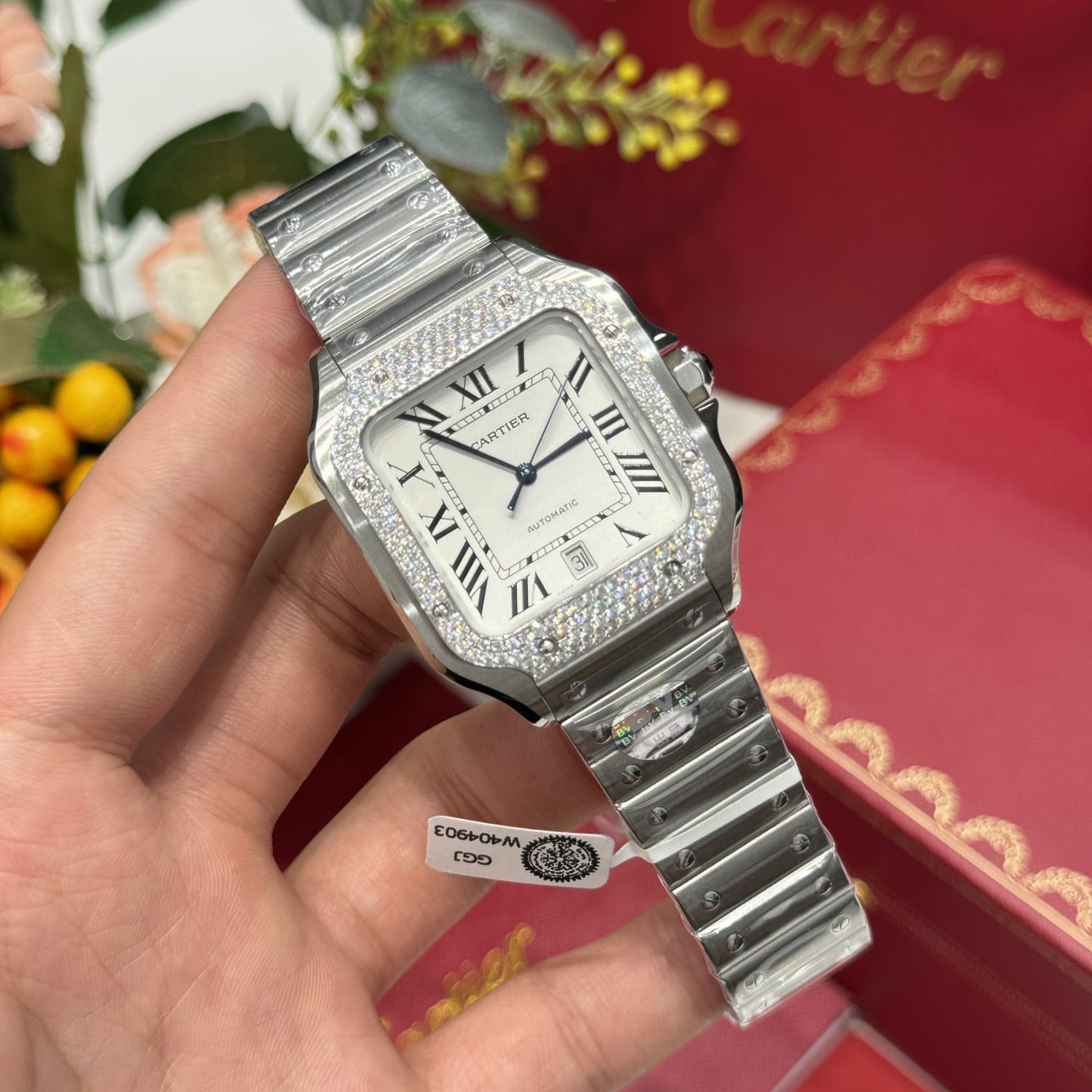 Cartier Santos Large Model White Dial Custom Moissanite Bezel Best Replica BVF 39.8mm - Image 5