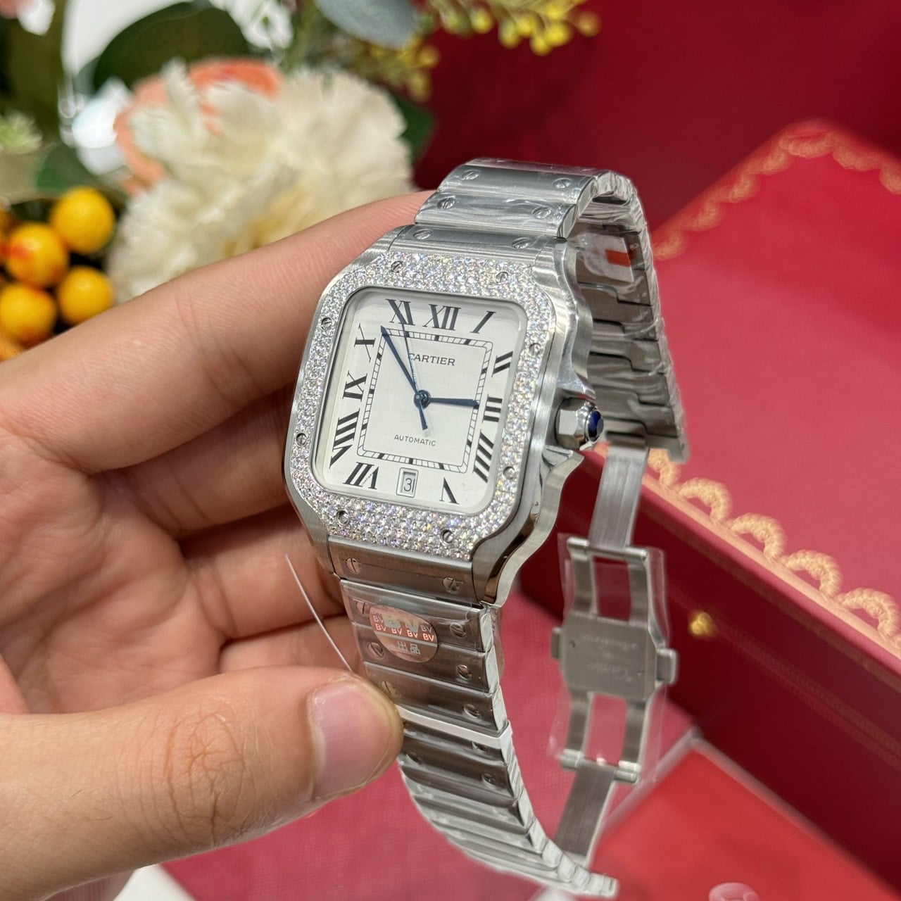 Cartier Santos Large Model White Dial Custom Moissanite Bezel Best Replica BVF 39.8mm - Image 6