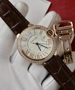 Cartier Ballon Bleu Rose Gold White Dial Diamond Bezel Leather Replica 42mm