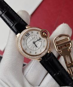 Cartier Ballon Bleu Rose Gold White Diamond Dial Diamond Bezel Leather Replica 36mm