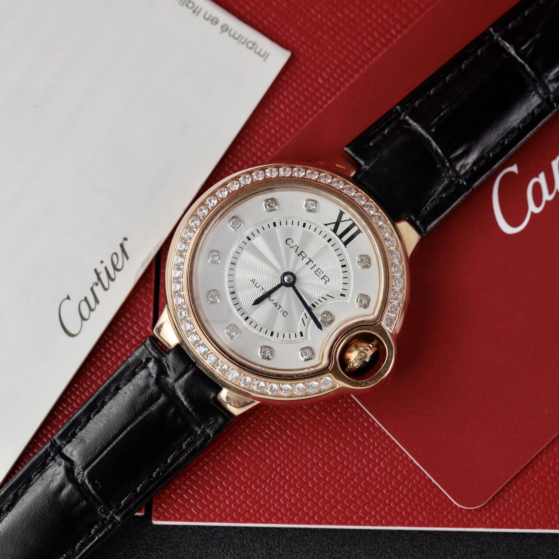 Cartier Ballon Bleu Rose Gold White Diamond Dial Diamond Bezel Leather Replica 36mm - Image 2