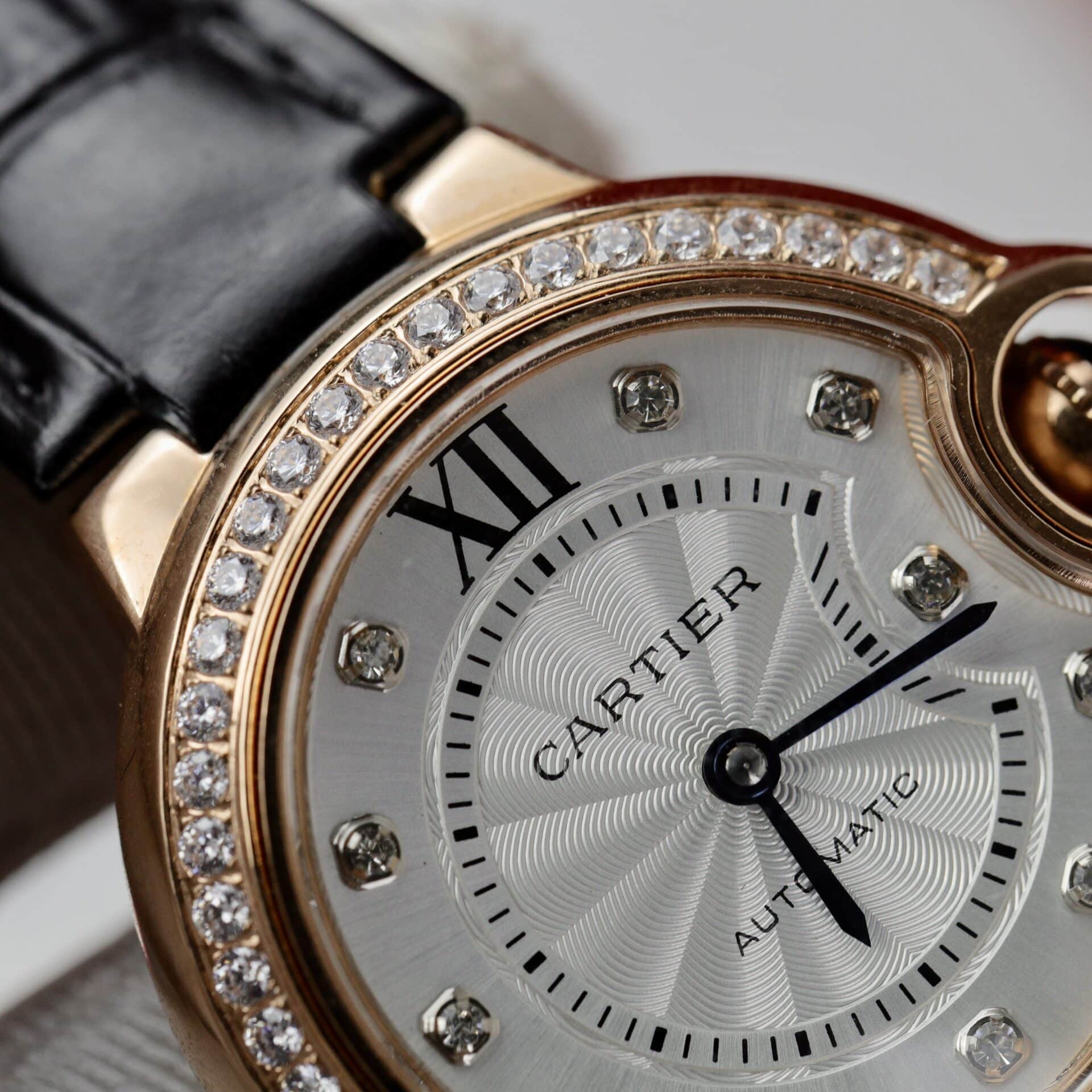 Cartier Ballon Bleu Rose Gold White Diamond Dial Diamond Bezel Leather Replica 36mm - Image 4