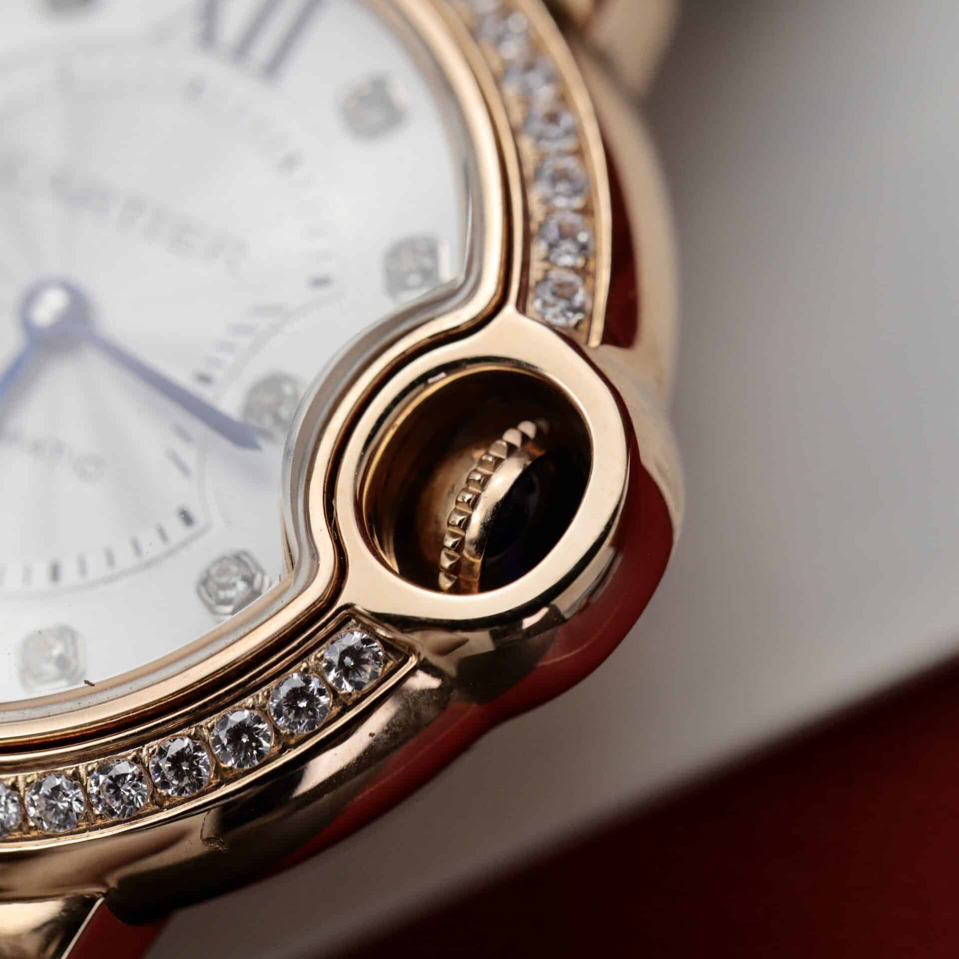 Cartier Ballon Bleu Rose Gold White Diamond Dial Diamond Bezel Leather Replica 36mm - Image 5