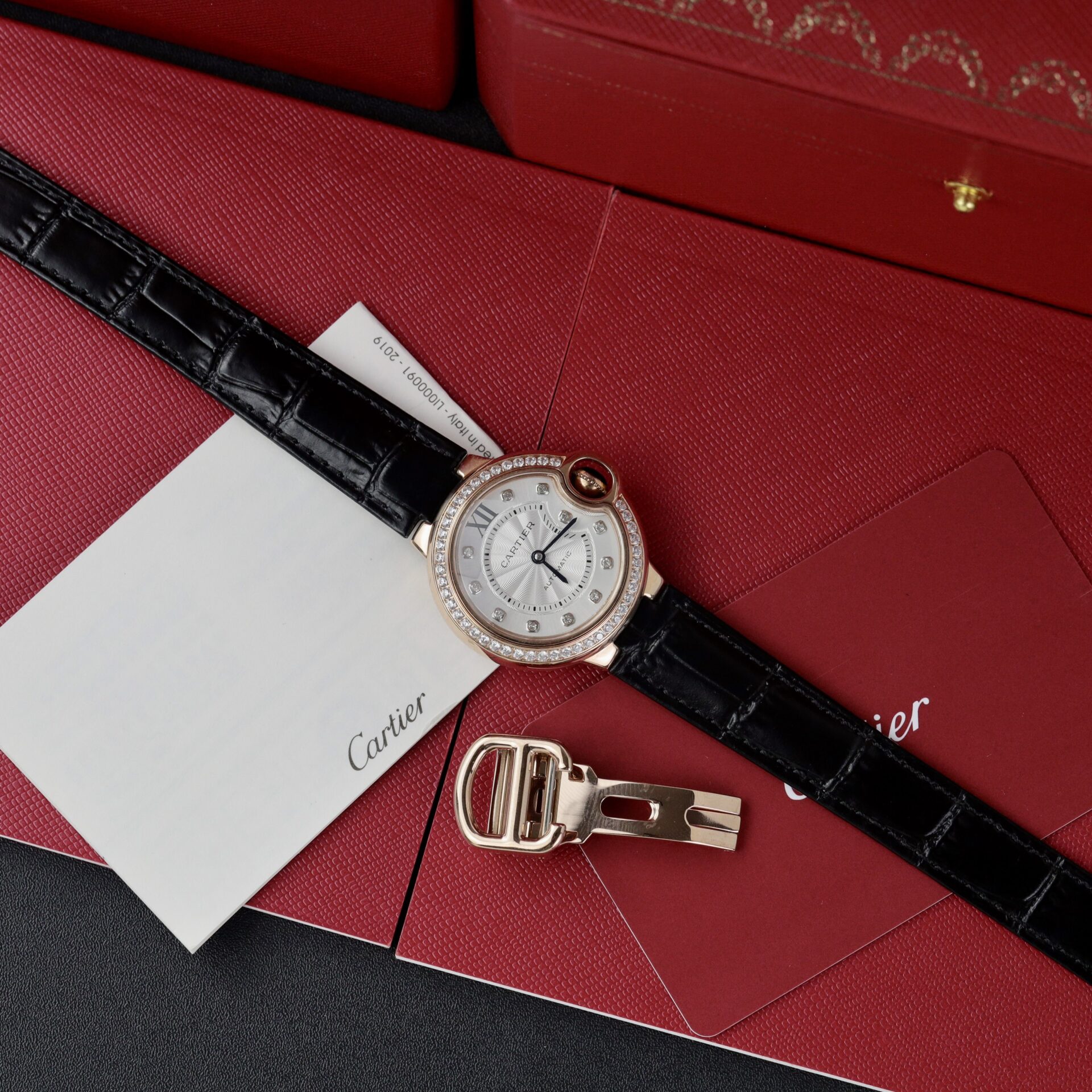 Cartier Ballon Bleu Rose Gold White Diamond Dial Diamond Bezel Leather Replica 36mm - Image 8