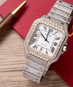 Cartier Santos White Dial Two Tone Large Model Iced Out Moissanite 39.8mm