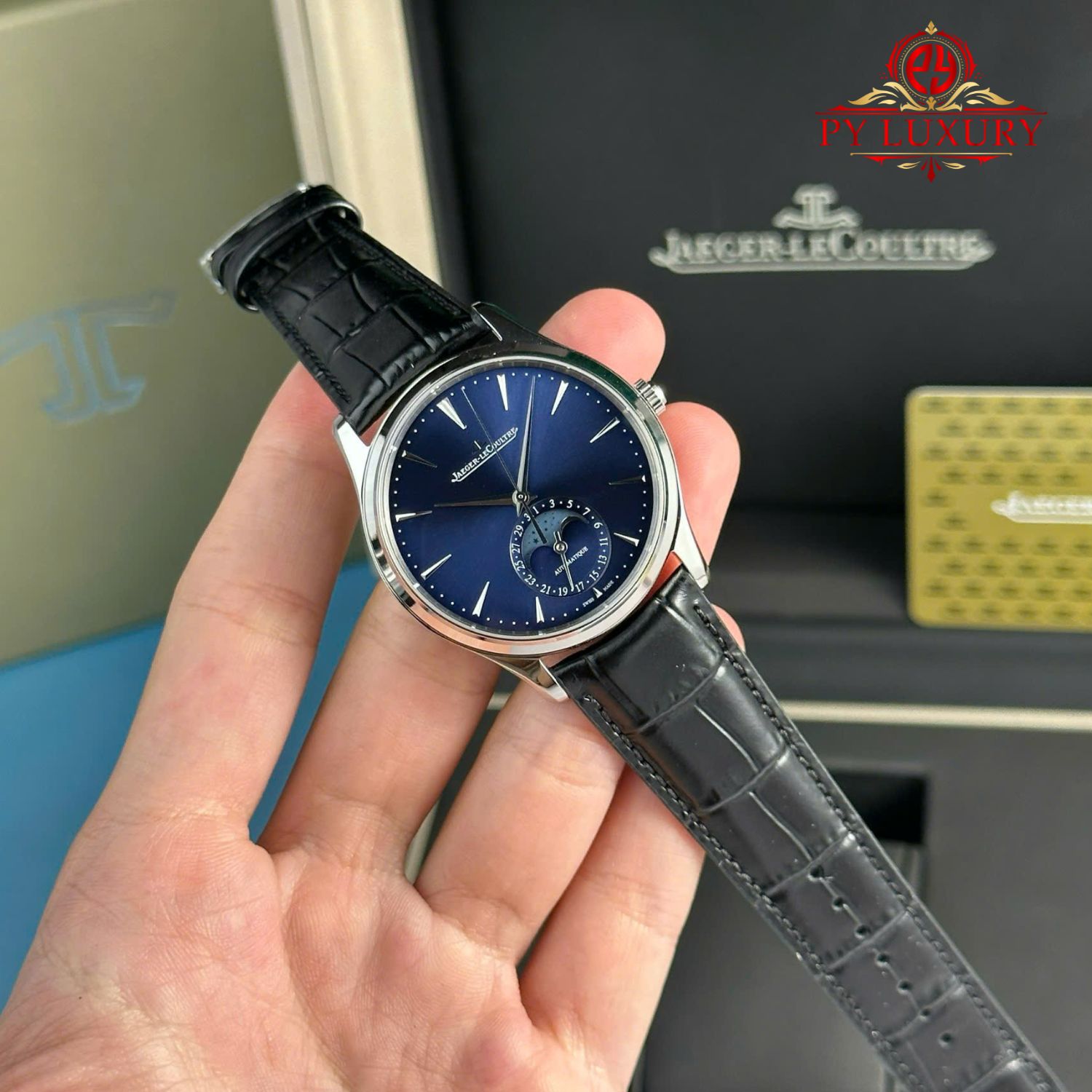 Jaeger-LeCoultre Master Ultra Thin Moon Blue Dial Leather Best Replica APSF 39mm - Image 3