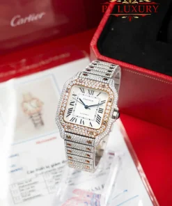 Cartier Santos Medium Model Two Tone Rose Gold Iced Out Moissanite 1:1 Best Replica 35.1mm