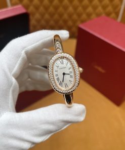 Cartier Baignoire Small Model 18K Rose Gold Wrapepd Silver Dial Moissanite Bezel 1:1 Best Replica (Wrist Size 15, 16, 17cm)