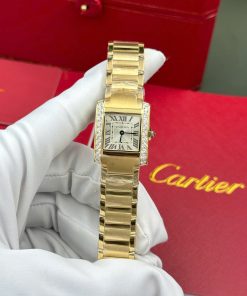 Cartier Tank Francaise WJTA0062 Golden Sunray Dial Yellow Gold Stone-set Bezel Replica 25.7 X 21.2mm