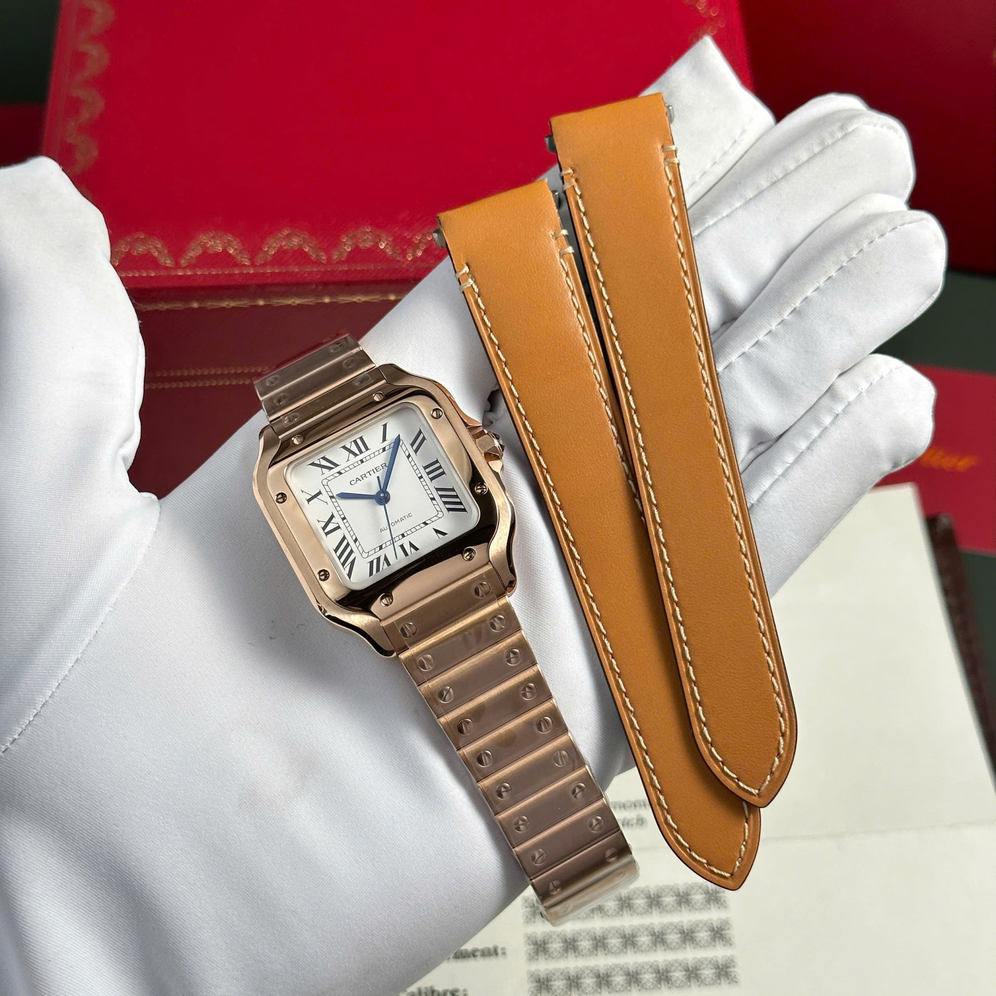 Cartier Santos De Cartier Rose Gold White Dial Medium Model Best Replica BVF 35.1mm