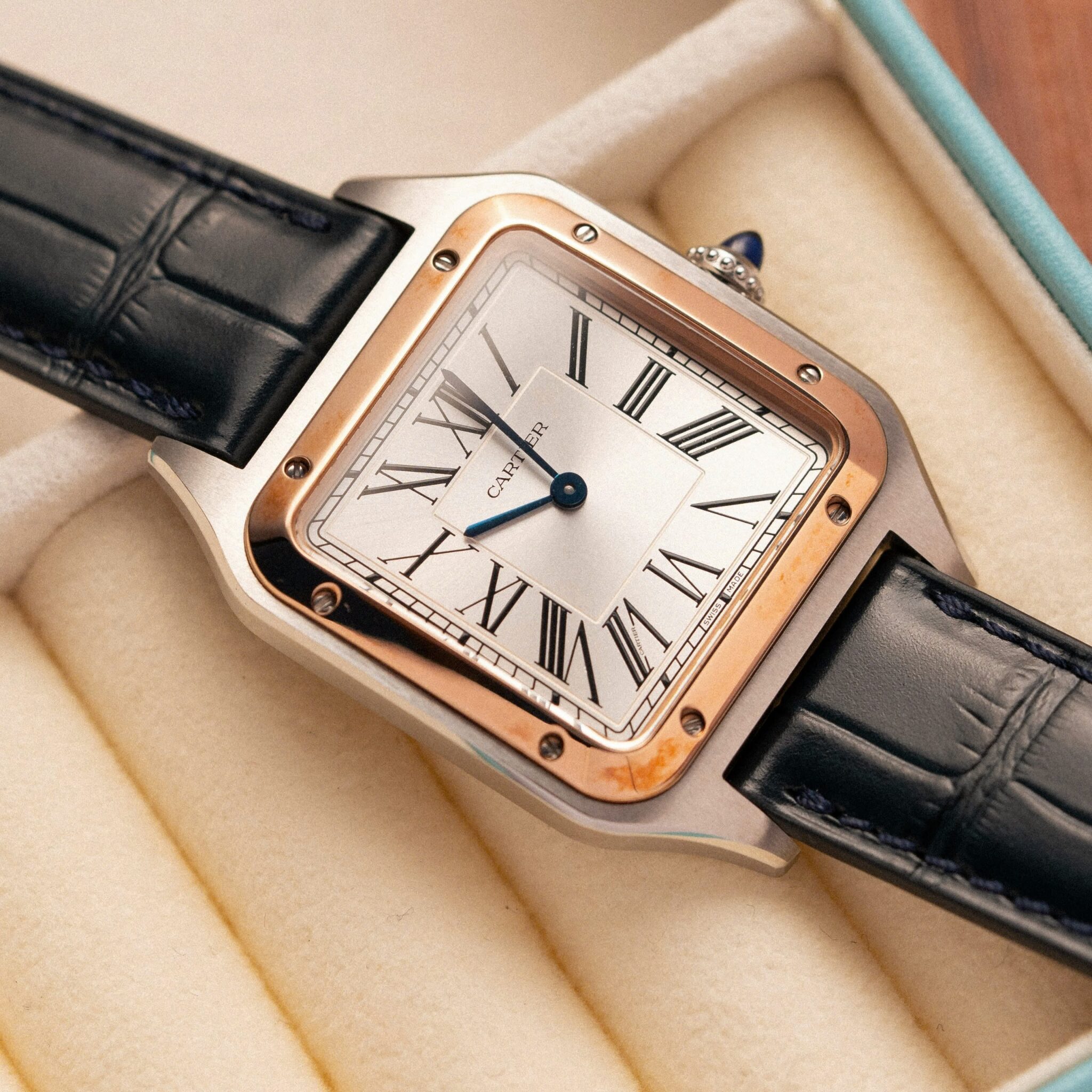 Cartier Santos Dumont CRW2SA0011 Two Tone Silver Dial Leather Strap Replica BVF 38mm X 27.5mm