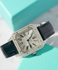 Cartier Santos Dumont Steel Silver Dial Custom Moissanite Case Leather Strap Replica BVF 38mm X 27.5mm