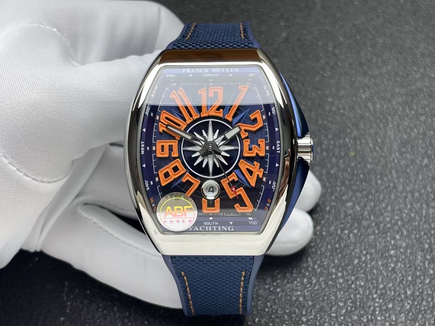 Franck Muller Vanguard Yachting V45 Blue Dial Orange Arabic Numerals Rubber Strap 1:1 Best Replica ABF 45mm