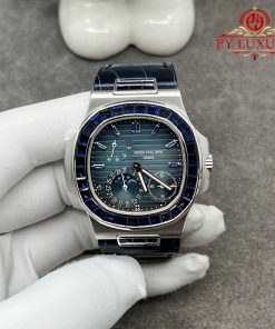 Patek Philippe Nautilus 5724G Blue Dial Custom Made Pure 18K White Gold Blue Sapphire Crocodile Leather Strap 40mm