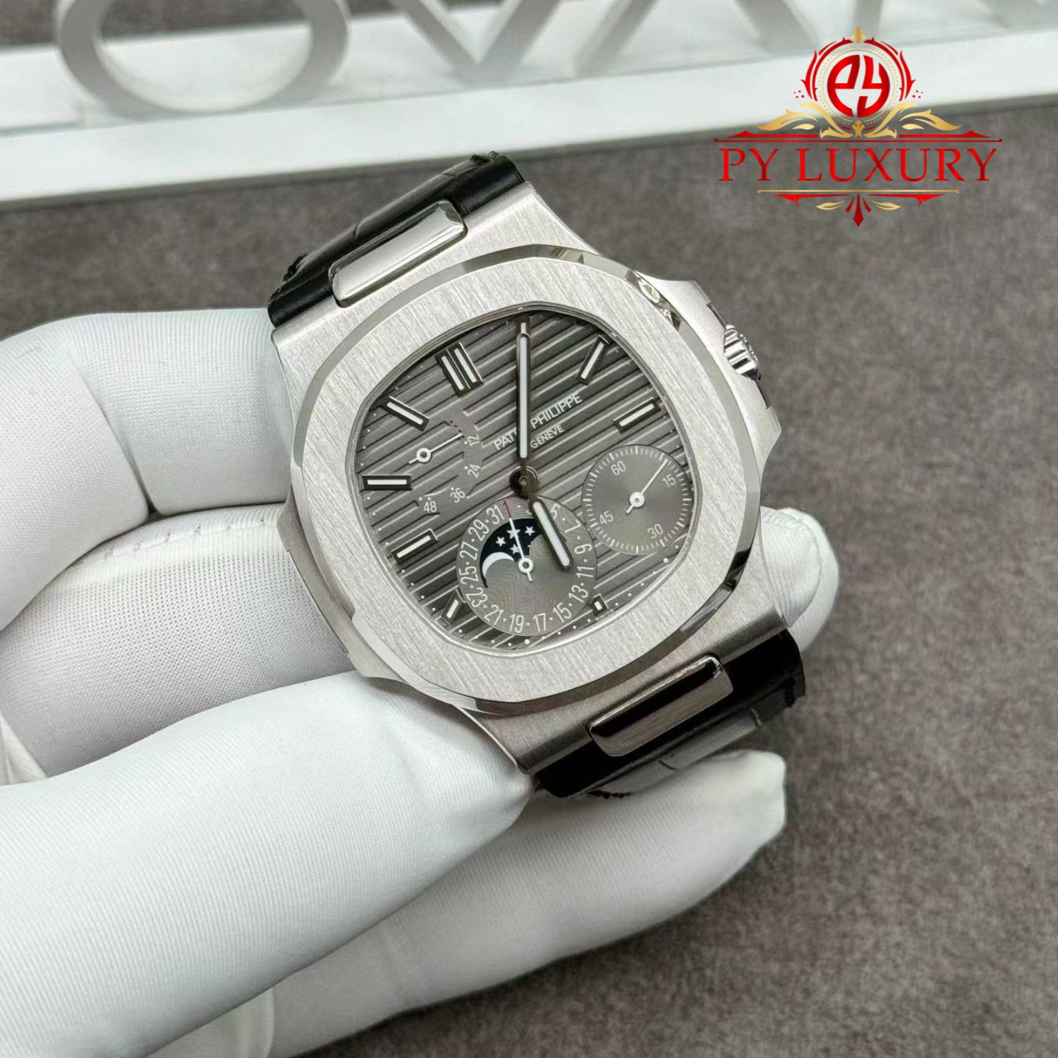 Patek Philippe Nautilus 5712G-001 Grey Dial 1:1 Custom Made Pure 18K White Gold Crocodile Leather Strap 40mm - Image 2