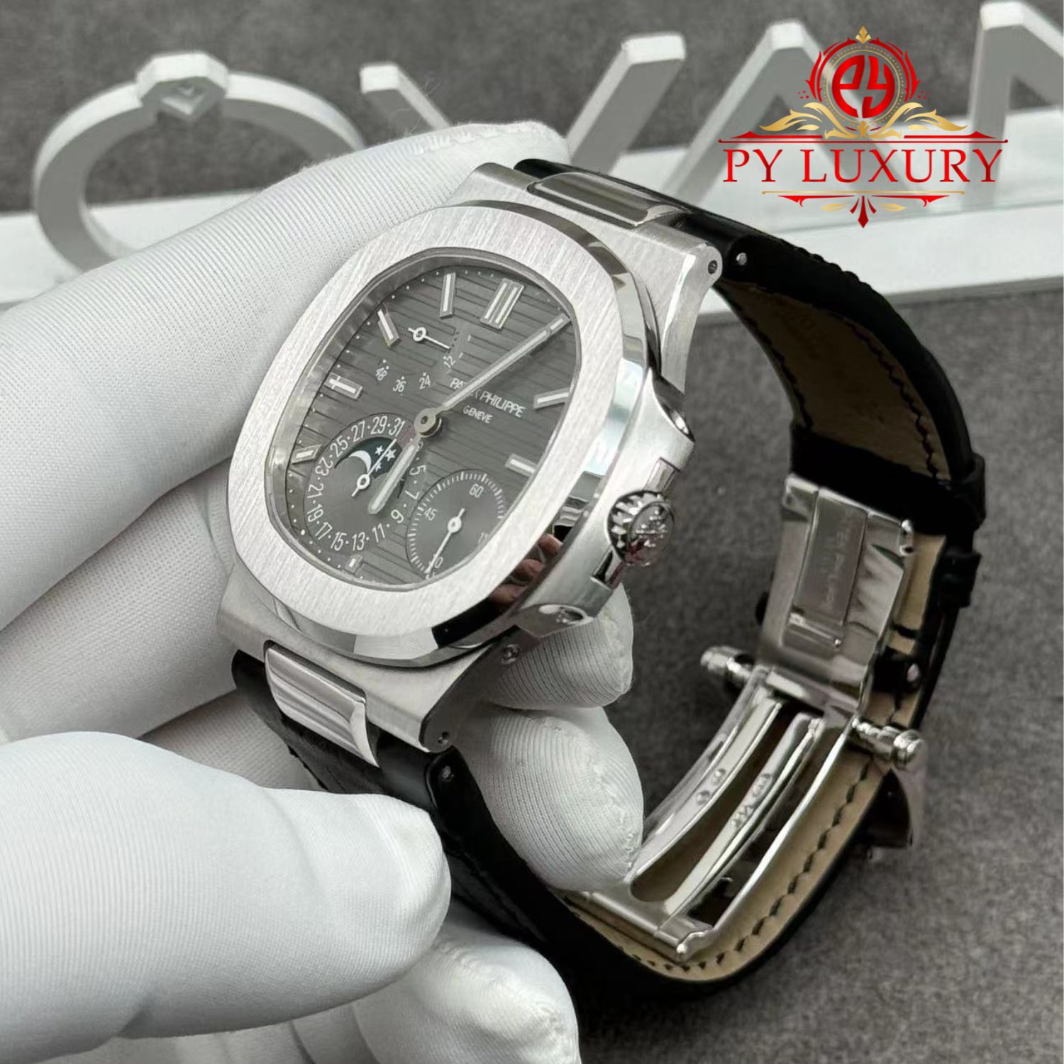 Patek Philippe Nautilus 5712G-001 Grey Dial 1:1 Custom Made Pure 18K White Gold Crocodile Leather Strap 40mm - Image 3