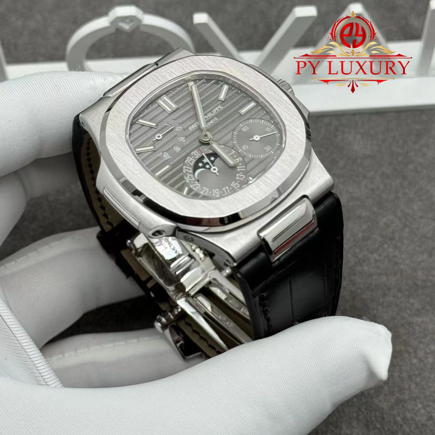 Patek Philippe Nautilus 5712G-001 Grey Dial 1:1 Custom Made Pure 18K White Gold Crocodile Leather Strap 40mm - Image 4