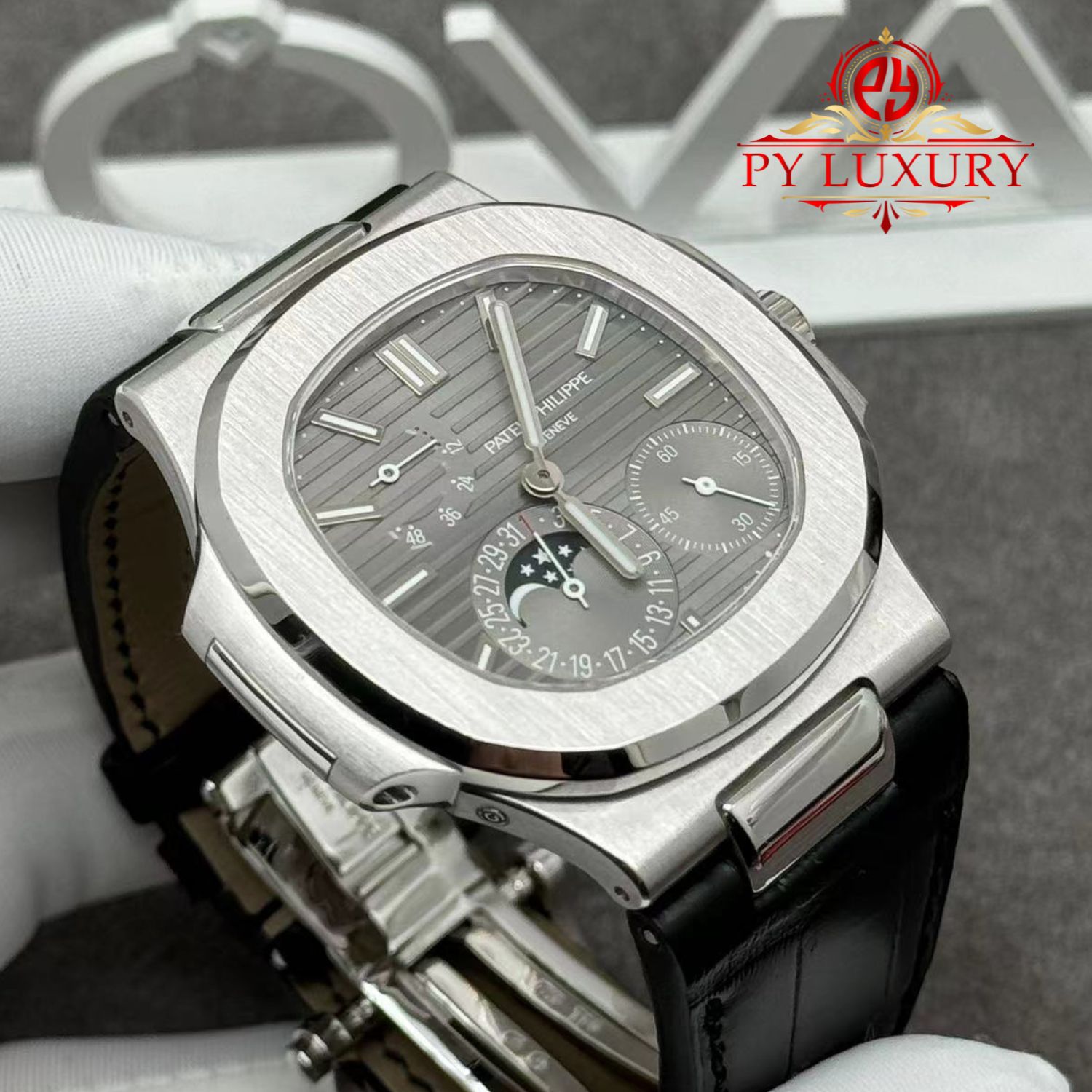 Patek Philippe Nautilus 5712G-001 Grey Dial 1:1 Custom Made Pure 18K White Gold Crocodile Leather Strap 40mm - Image 5