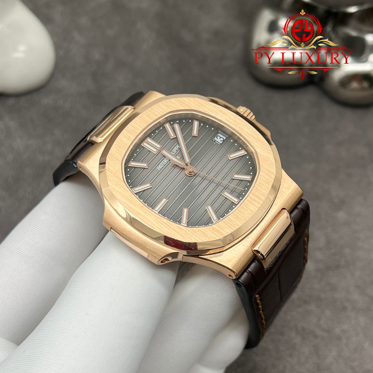 Patek Philippe Nautilus 5711R-001 Grey Dial 1:1 Custom Made Pure 18K Rose Gold Crocodile Leather Strap 40mm - Image 3