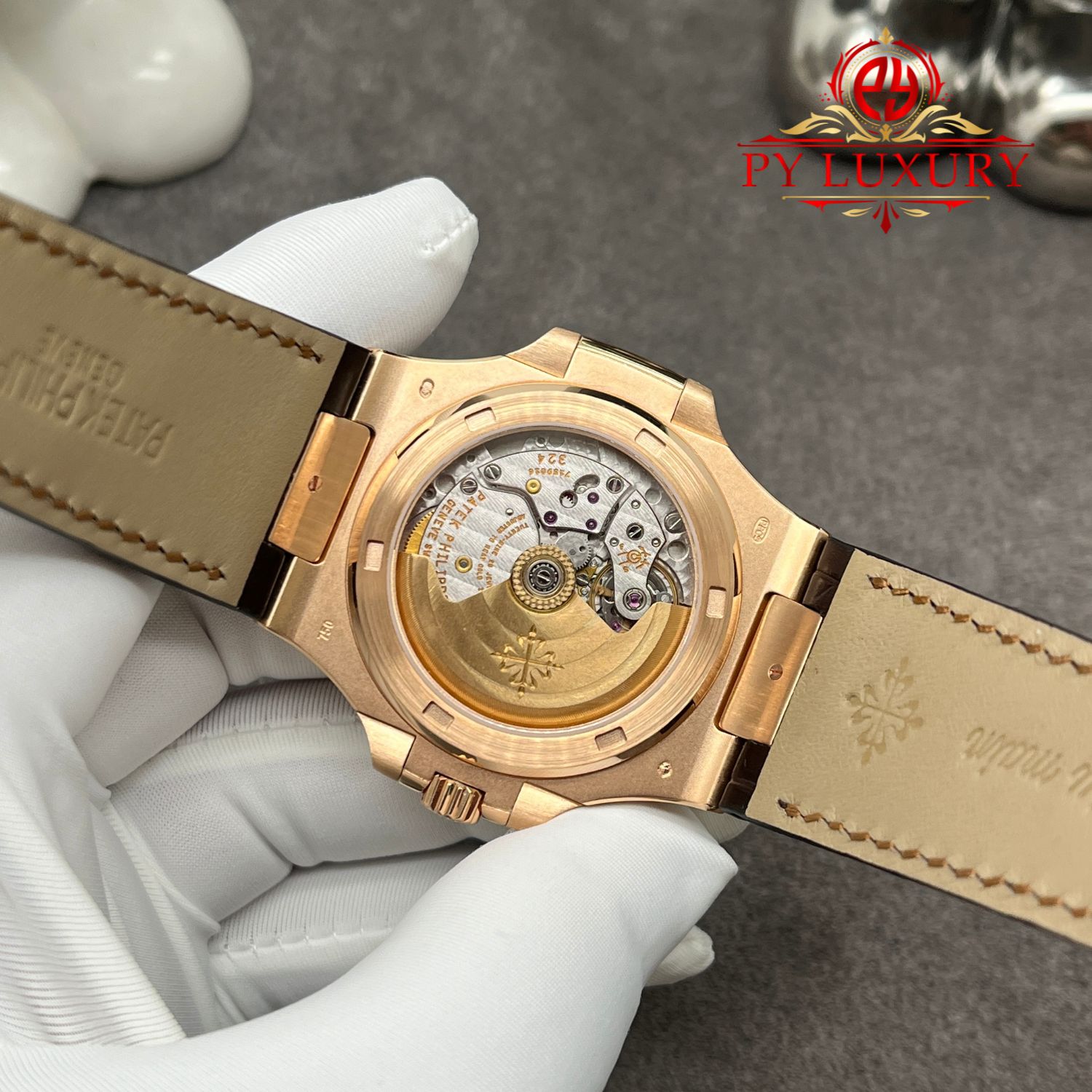 Patek Philippe Nautilus 5711R-001 Grey Dial 1:1 Custom Made Pure 18K Rose Gold Crocodile Leather Strap 40mm - Image 5