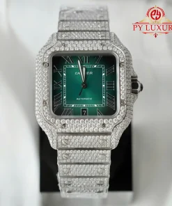 Cartier Santos Large Model Green Roman Dial Iced Out Moissanite Best Replica 39.8mm