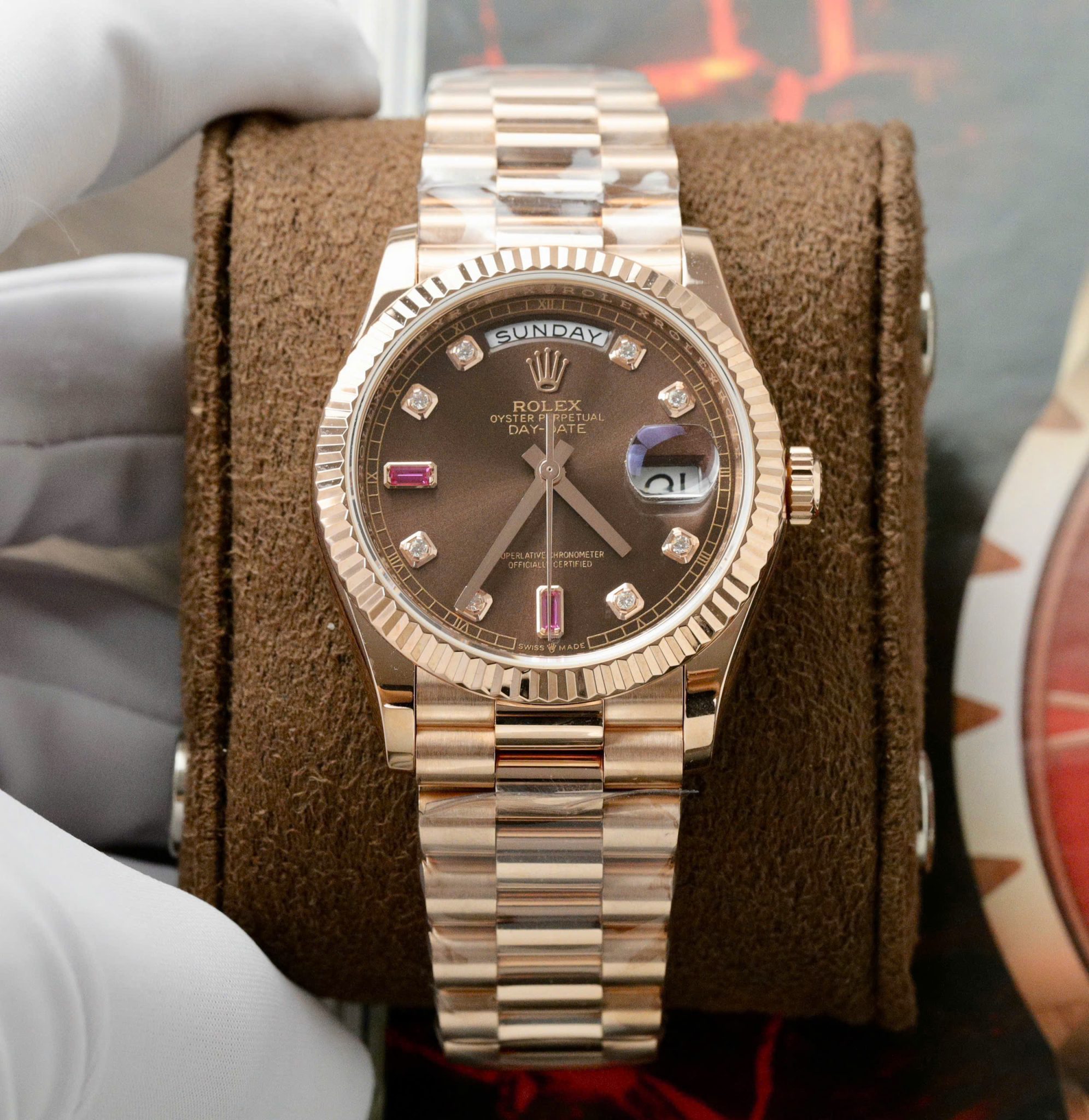Rolex Day-Date 118235 Chocolate Diamond & Ruby Dial 18K Rose Gold Wrapped 1:1 Replica GMF 36mm - Image 2