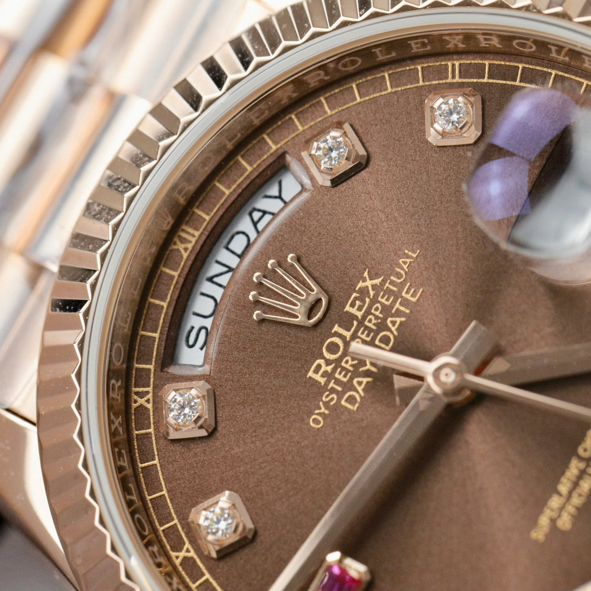 Rolex Day-Date 118235 Chocolate Diamond & Ruby Dial 18K Rose Gold Wrapped 1:1 Replica GMF 36mm - Image 4