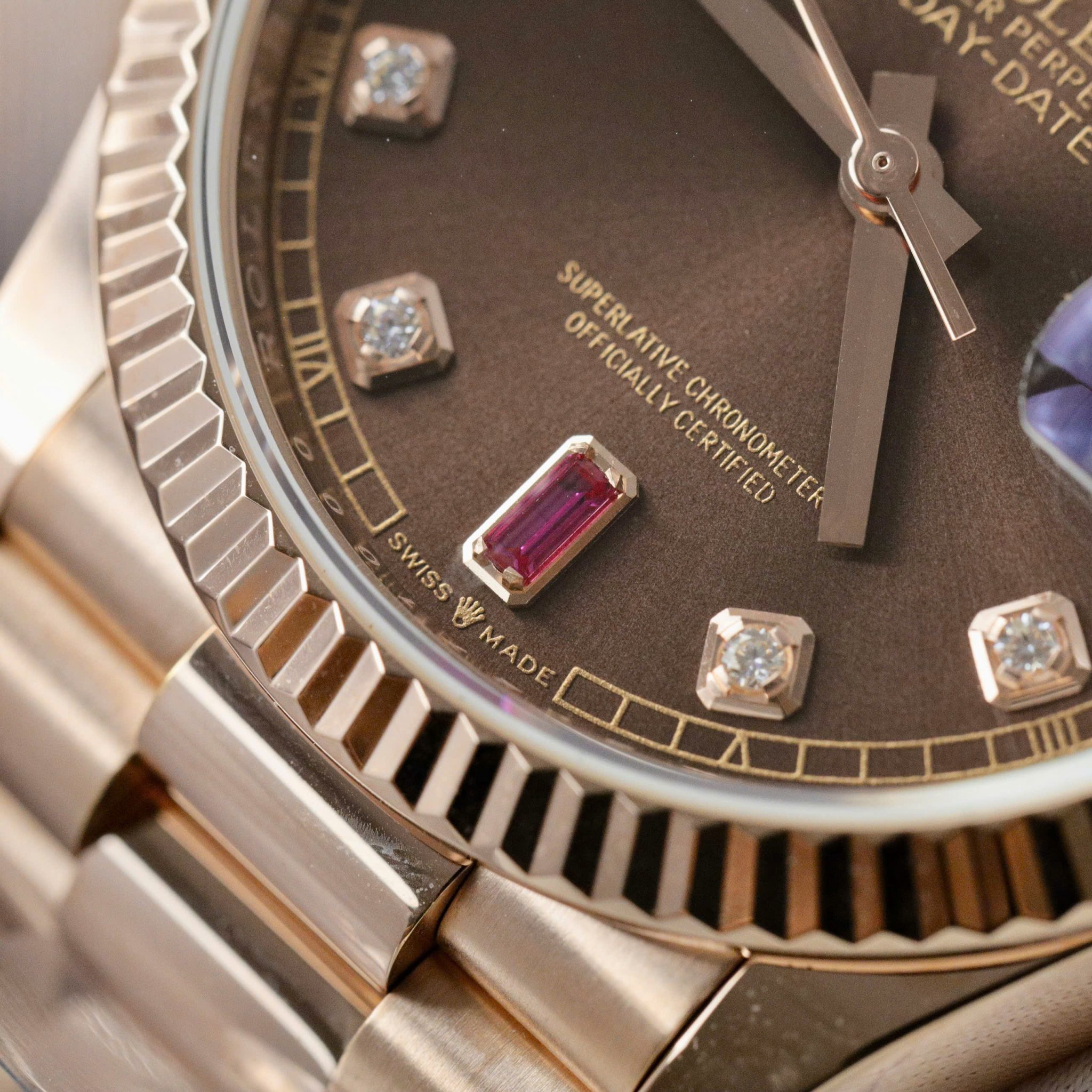 Rolex Day-Date 118235 Chocolate Diamond & Ruby Dial 18K Rose Gold Wrapped 1:1 Replica GMF 36mm - Image 5