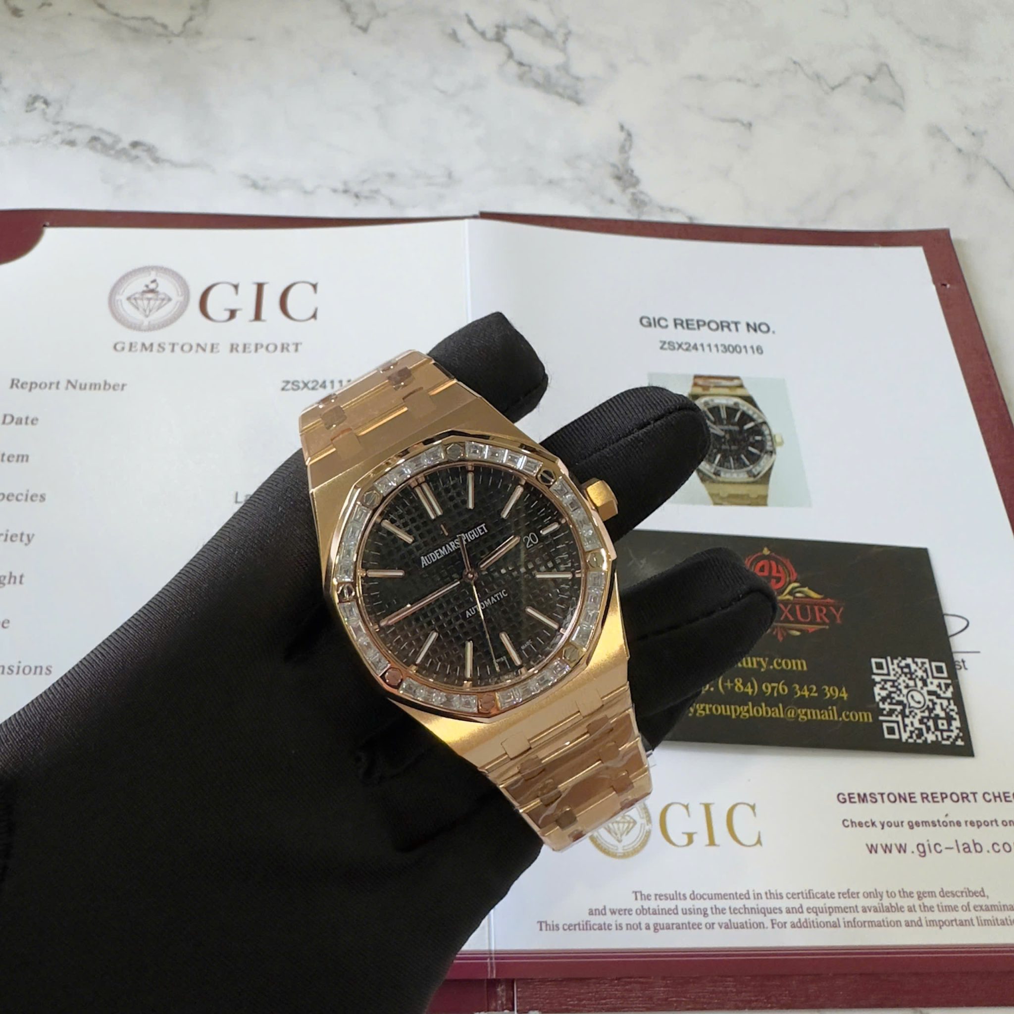 Audemars Piguet Royal Oak 15400OR Black Dial Custom Baguette Moissanite Bezel 18K Gold Wrapped 1:1 Best Replica 41mm - Image 3